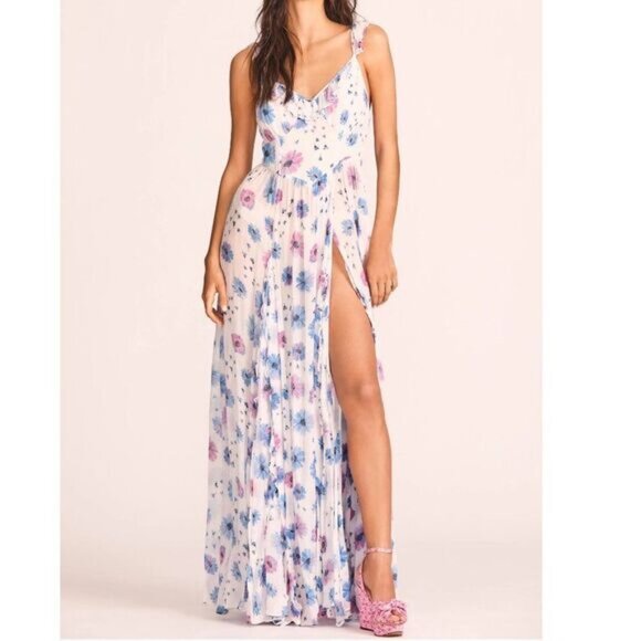 LoveShackFancy Junia Maxi Floral Ruffle Slit V Neck Dress Deep Cotton Candy 6 - Picture 1 of 14